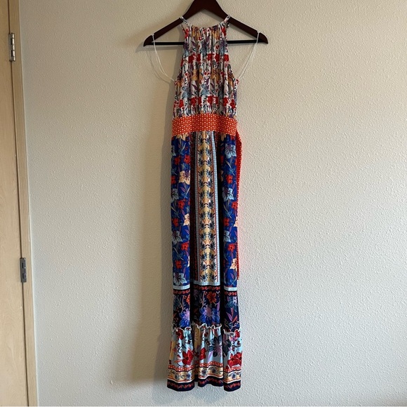 NWOT Maggy London Women's Multicolor Blue Print High Neck Maxi Dress Size 2 - Picture 3 of 10